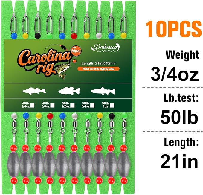 Dovesun 10/5PCS Ready Tied Carolina Rig Kit for Bass Fishing Catfish Rig Catfish Hook Kit with Bass Hooks, Swivel, Fluorocarbon Line, Weights