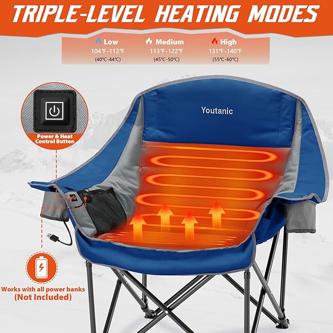 Youtanic Oversized Extra Large Heated Padded Camping Chair up to 500lbs, 3 Heat Levels Camp Chair with Carry Bag, Outdoor Heating Folding Chairs for Adults, Fishing, Sports, Picnic, Gray-Blue