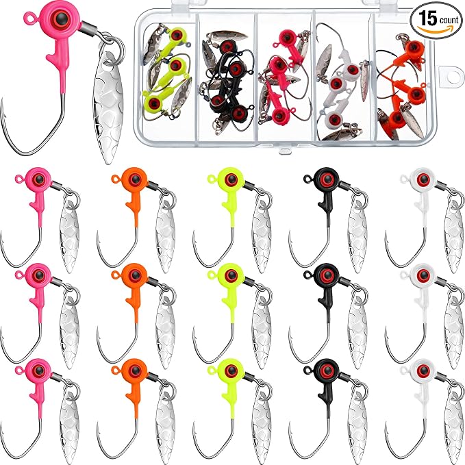 Skylety 15 Pcs Fishing Jig Heads Kit Fishing Lures Crappie Jig Road Heads Hook with Spinner Plastic Box for Freshwater Runner Bass