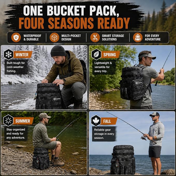 FUNHORUN Fishing Bucket Organizer with 5 Gallon Bucket & 360° Rotating Seat Lid, Fishing Tackle Bag with Backpack Straps, Full Water-Resistant Design & Multi-Pockets (Fishing Tools Not Included)