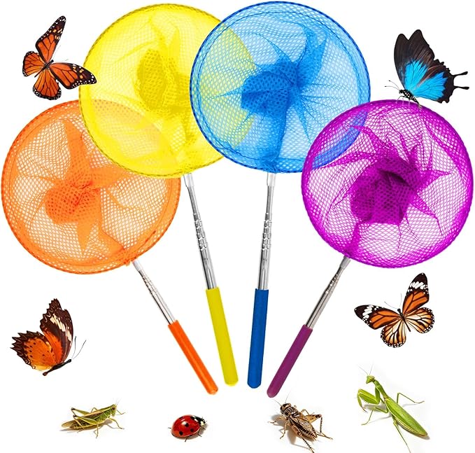 Kids Telescopic Butterfly Fishing Nets - RAINFLOW Anti Slip Grip Butterfly Catcher Catching for Kids Insect Net Colorful Outdoor Tools Catching Bugs Fish Insect Ladybird, Extendable 34 inches