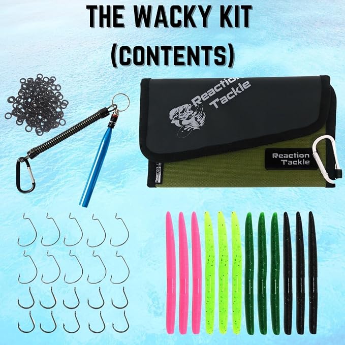 Reaction Tackle Wacky Rig Tool and O-Rings for Soft Plastic Worms, Bass Fishing Wacky Rig and Neko Rig Stick Bait Setup for Largemouth and Smallmouth