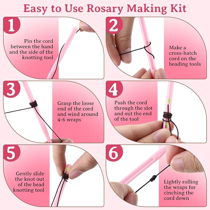 2 Pack Rosary Cord Knotting Tool, #7#9 and #36 Dual Head Twine Knotting Tool, Rosary Making Supplies, Beads Tying Kit, Beading Cord Kit for Jewelry, Fishing Hook, Bracelet (Pink)