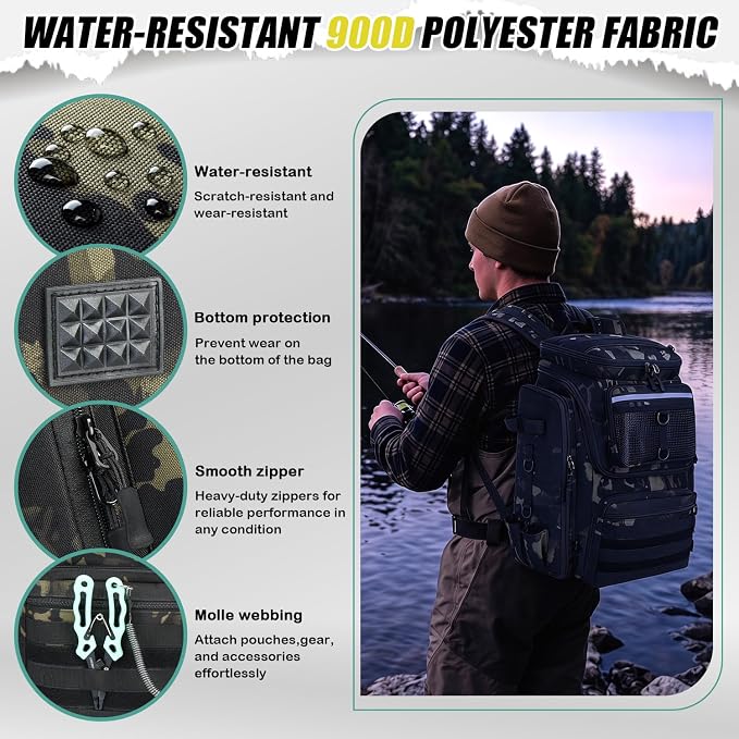 HAMBOLY Fishing Backpack 45L with Rod Holders, Water-Resistant Tackle Backpack for Fishermen, Large Capacity Fishing Gear Bag for Travel Hiking Camping