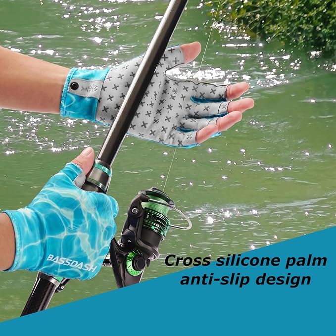 BASSDASH 3/4 Finger UPF 50+ Sun Gloves Breathable Anti-Slip Silicone Palm for Men Women Fishing Fingerless Cycling Running
