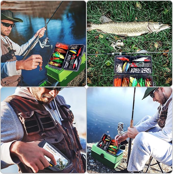 PLUSINNO Fishing Lures Fishing Tackle Box Fishing Gifts for Men, Bass, Trout Fishing Accessories Kit for Saltwater & Freshwater Fishing Gear Including Topwater Lures, Hooks, Spinnerbaits
