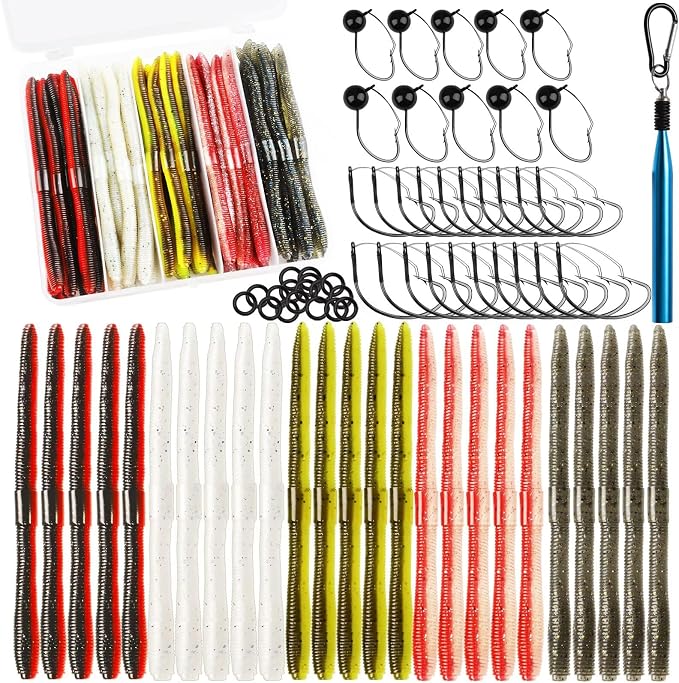 Dovesun Wacky Worm for Bass Trout Fishing Worms Kit with Soft Plastic Baits, Weedless Hooks, Bass Hooks,Weedless Jig Head, Wacky Rig Tool, O-Rings, Weight 152Pcs/131Pcs/50Pcs