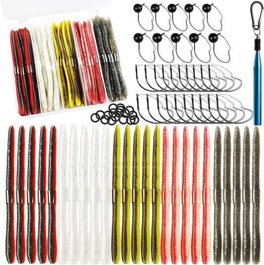 Dovesun Wacky Worm for Bass Trout Fishing Worms Kit with Soft Plastic Baits, Weedless Hooks, Bass Hooks,Weedless Jig Head, Wacky Rig Tool, O-Rings, Weight 152Pcs/131Pcs/50Pcs