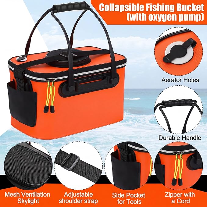 2 Pcs Fishing Bucket and Live Bait Aerator, Foldable Multi Functional Live Bucket Portable Quiet Aerator Outdoor Camping Fishing EVA Bag