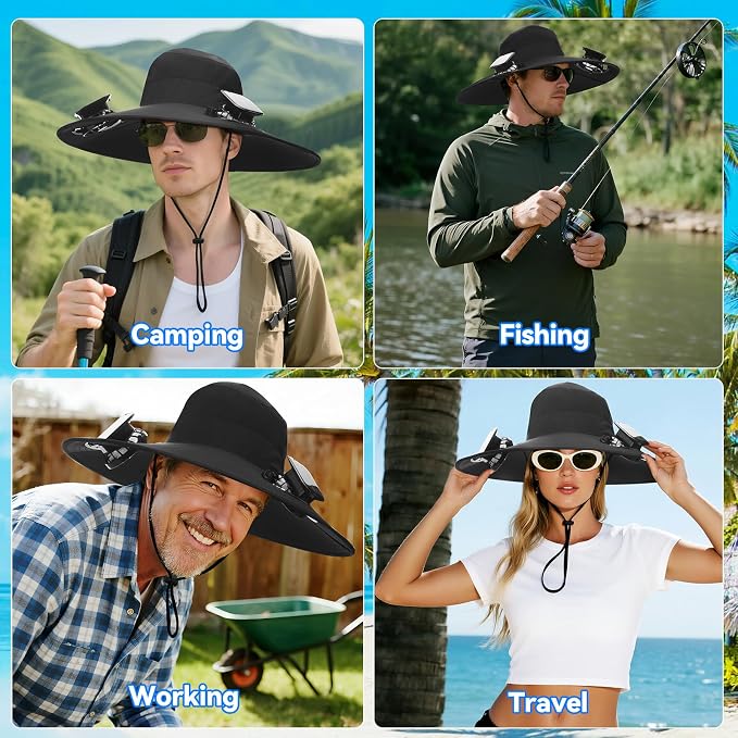Hat with Fans Solar Power Wide Brim Solar Fan Hat, Sun Hat with 2 Fans Two Power Supply Modes, Outdoor Solar Powered & USB Charging Fishing Hat for Men Women Solar Fan Hats for Men