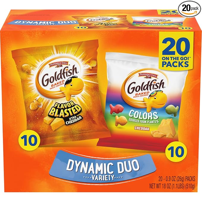 Goldfish Dynamic Duo Variety Pack, Colors Cheddar & Flavor Blasted Xtra Cheddar, Snack Packs, 20 Ct