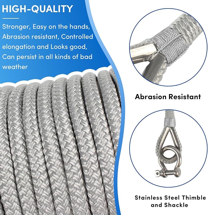 Boat Anchor Rope 150 ft x 1/2 inch Grey, Double Braided Anchor Line with Stainless Steel Thimble & Shackle, Marine Rope Ideal for Towing,Mooring,Decks,Anchoring,for Boats Up to 35'