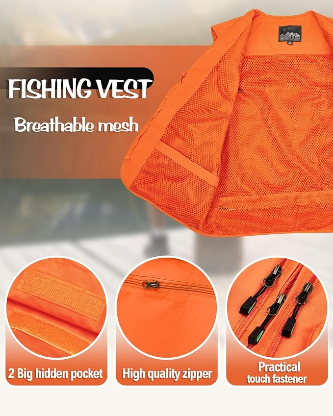 Shihanee 2 Pcs Men's Fishing Vest Sun Hat Multi Pocket Safari Vest for Outdoor Hiking Summer Travel