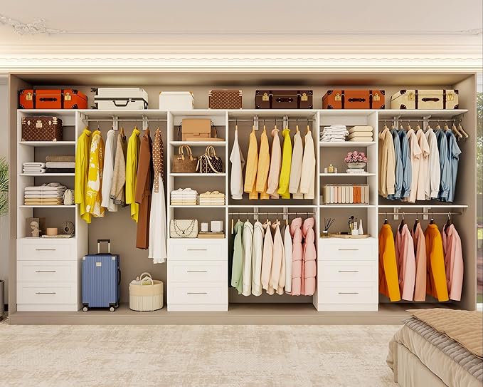 Closet System with 9 Drawers, 8.5FT-18FT Closet Organizer System Storage Storage Adjustable with 9 Cuttable Shelves for Walk in Closet with 9 Expandable Hanging Rods, 3 Sets , White