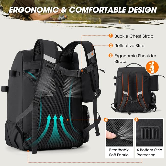 RAINSMORE Fishing Backpack with Rod Holders & Cooler 40L Water Resistant Tackle Backpack with Rain Cover Store Fishing Gear