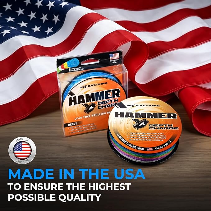 KastKing Hammer Depth Charge Weighted Fishing Line- Made in The USA, Lead-Free Fast Sinking 9-Carrier Braided Fishing Line, Nano Bismuth Coated Saltwater Trolling Line, Color Changes Every 10 Yards