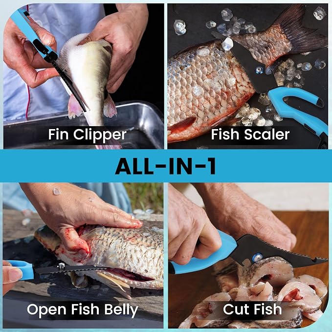 FLISSA 10" Fishing Scissors, Stainless Steel Detachable Kitchen Scissors, Fishing Shears with Fin Clipper & Fish Scaler, Non-Slip Grip, Protective Sheath