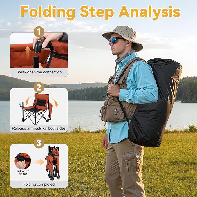 Folding Portable Fishing Chair, 220lbs Capacity Outdoor Chair with Adjustable All-Terrain Legs, Non-Slip Feet, Dual Rod Holders & Storage Bag Orange