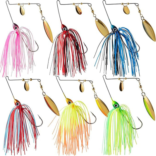 6 Pcs Bass Spinner Baits Kit, Premium Hard Metal Spinnerbaits for Bass Fishing 3/8oz with Skirt, Freshwater Fishing Lures