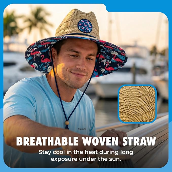 grinderPUNCH Lifeguard Hat Mens Straw Sun Hat for Outdoor American Flag USA Patriotic Straw Beach Fishing Straw Hat for Men