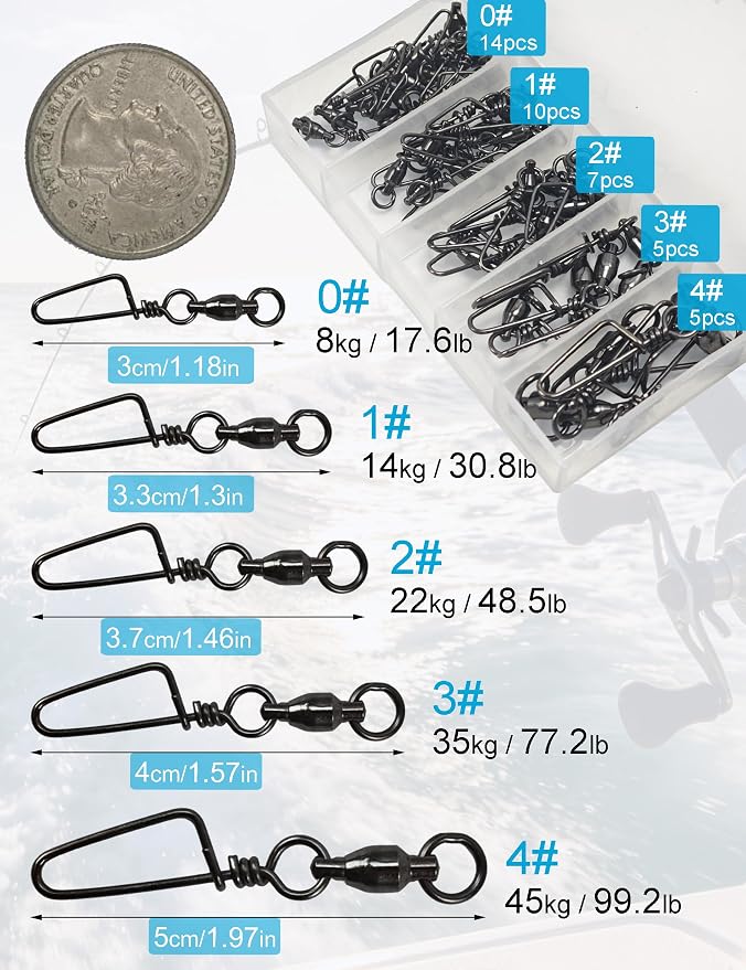 41pcs Ball Bearing Fishing Swivels with Coastlock Snap Kit - Heavy Duty Stainless Steel Snap Swivels Saltwater Connectors 0# - 4# - High Strength Black Nickel Finish Terminal Tackle
