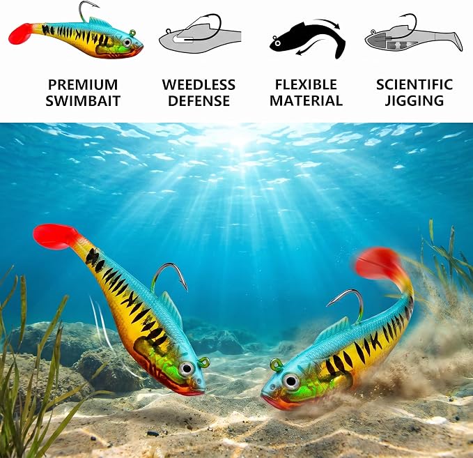 Soft Fishing Lures for Bass Fishing:Pre-Gigged Swim Baits for Saltwater or Freshwater.Soft Plastic Fishing Accessories.