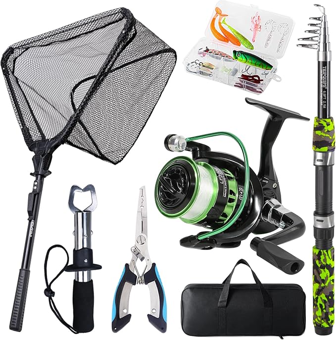 Tripquips Fishing Rod and Reel Combo with Fishing Net, 6.9ft Telescopic Fishing Pole Kit with Fishing Pliers, Lip Gripper, Fishing Lures,Pre-Loaded Spinning Reel Combo