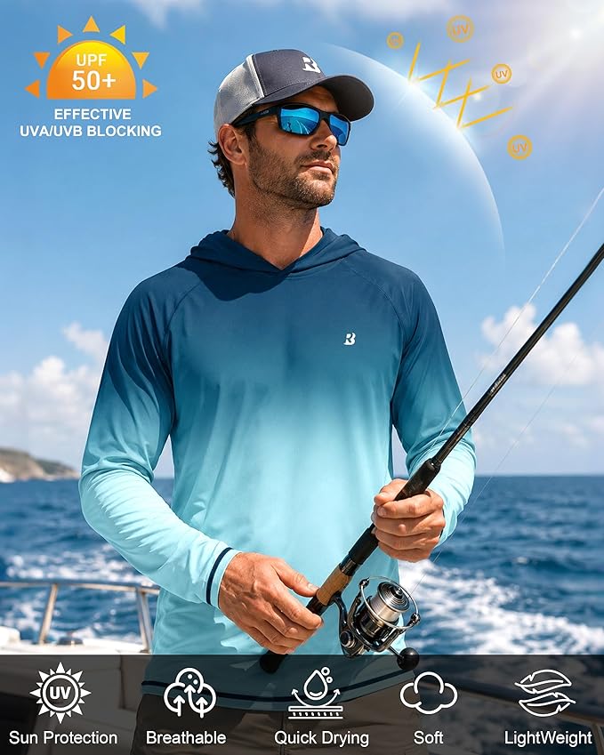Roadbox UPF 50+ Fishing Shirts for Men, Long Sleeve UV Sun Protection Hoodie, Outdoor Hiking Running Swimming Rash Guard