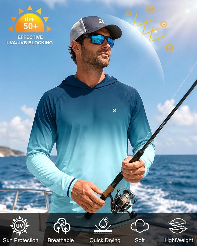 Roadbox UPF 50+ Fishing Shirts for Men, Long Sleeve UV Sun Protection Hoodie, Outdoor Hiking Running Swimming Rash Guard