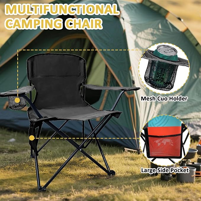 Folding Camping Chair with Cup Holder & Storage Bag, 225lbs Capacity, Large Anti-Sink Feet, Breathable PE Coated Fabric for Outdoor, Hiking, Beach, Fishing, Backpacking, 2PCS Black