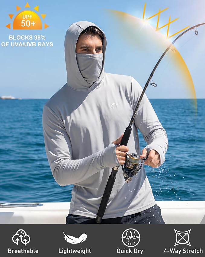 FISHEAL Men's Performance Fishing Hoodie Shirt - UPF 50+ Sun Protection Long Sleeve Thumbholes Shirts with Neck Gaiter