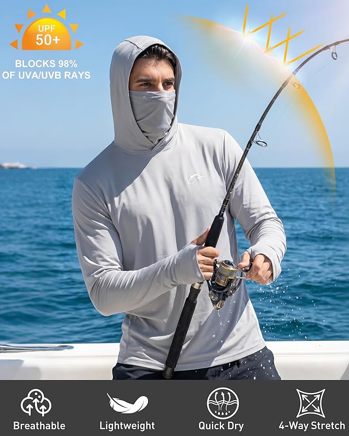 FISHEAL Men's Performance Fishing Hoodie Shirt - UPF 50+ Sun Protection Long Sleeve Thumbholes Shirts with Neck Gaiter