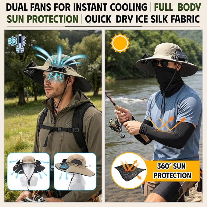 Syhood Solar Powered Fan Hat Neck Gaiter Arm Sleeves Sun Bucket Hat with Fan Cooling Wide Brim Hats for Fishing Hiking