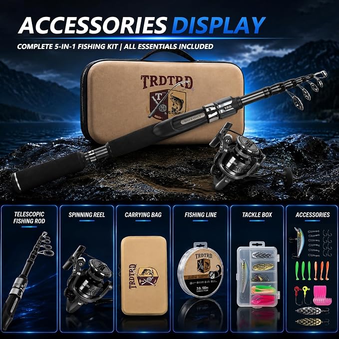 Fishing Rod and Reel Combo Kit—Telescopic Fishing Rod, Collapsible Fishing Rod, Portable Fishing Set w/Tackle Box, Lures & Bag, 4.2oz Carbon Fiber, 5.2:1 Anti-Twist Reel, Freshwater/Light Saltwater