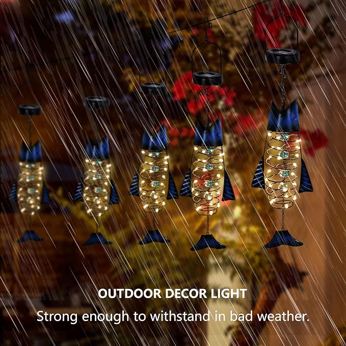 HONGLAND Patio Deals Solar Lanterns Outdoor Waterproof, Fish Lantern Lights, Metal Hanging Garden Decor for Patio & Yard, Gifts for Fishermen, Warm White LED Home Decoration