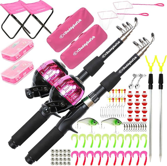 DaddyGoFish Kids Fishing Pole - Rod Reel Combo Tackle Box Starter Set - First Year Small Dock Gear Kit for Boys Girls Toddler Youth Age Beginner Little Children Junior Anglers Older Kids
