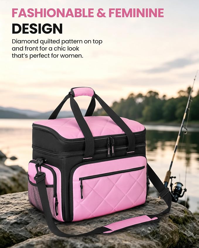 Smasrob Fishing Tackle Bag with Large Lure Boxes Pocket and Extra Top Tackle Trays Pocket, Fish Bag for Saltwater and Freshwater (Tackle Trays Not Included), Pink