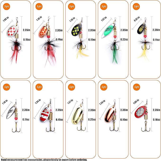 EXAURAFELIS 10/30pcs Fishing Lure Spinnerbait with Feathered Treble Hooks Rooster Tail Fishing Lures Spoon Lures for Bass Salmon Trout Spinner Baits with Tackle Box