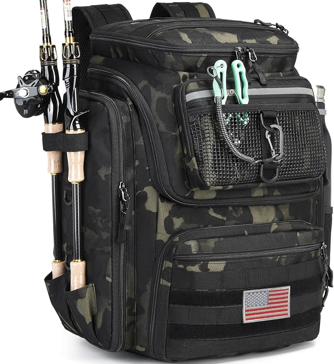 HAMBOLY Fishing Backpack 45L with Rod Holders, Water-Resistant Tackle Backpack for Fishermen, Large Capacity Fishing Gear Bag for Travel Hiking Camping