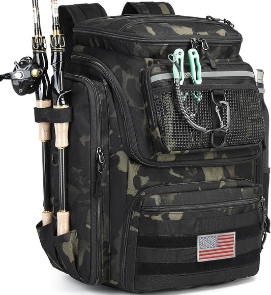 HAMBOLY Fishing Backpack 45L with Rod Holders, Water-Resistant Tackle Backpack for Fishermen, Large Capacity Fishing Gear Bag for Travel Hiking Camping