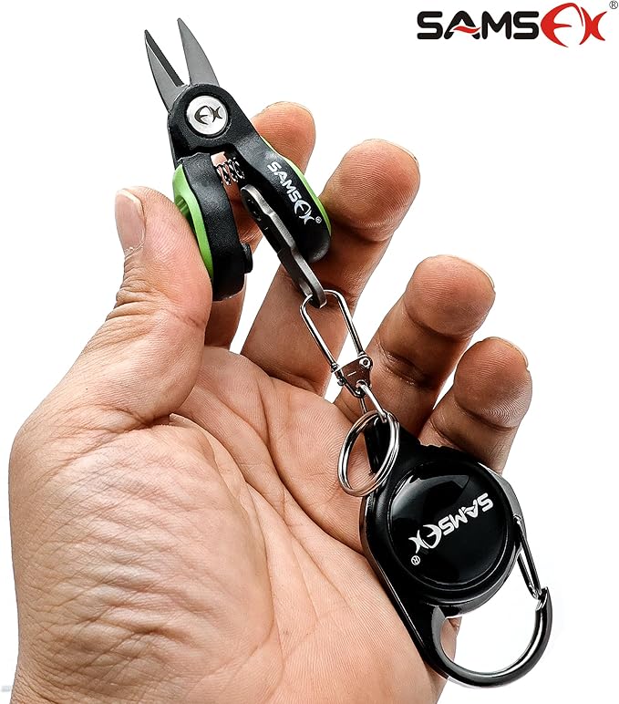 SAMSFX Fishing Nipper with Retractable Tether, Stainless Steel Blades that Cut Braid, Mono and Fluoro Lines, SNIP, Fishing Line Cutters (Green)