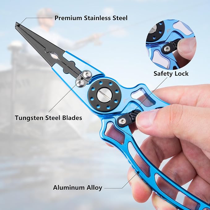 FLISSA Fishing Pliers, Safety Lock Design Fish Pliers Saltwater, Aluminum Hook Remover, Titanium 6Al-4V Jaw and Tungsten Carbide Line Cutters, Sheath & Lanyard, Fishing Gear Gifts for Men