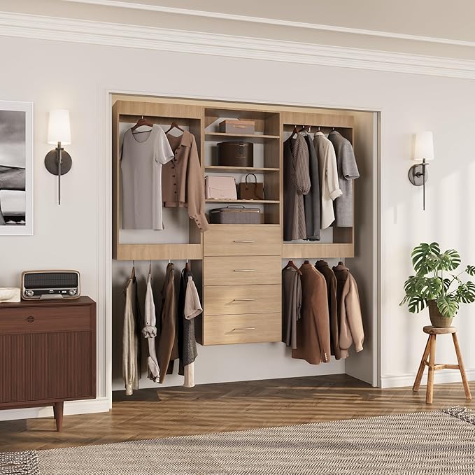 ROOMTEC Modular Closet System, 90" Wall-Mounted Closet Organizer with Drawers and Hanging Rods, Wooden Tower for Walk-In Closets, Wardrobe Storage Kit, Wood