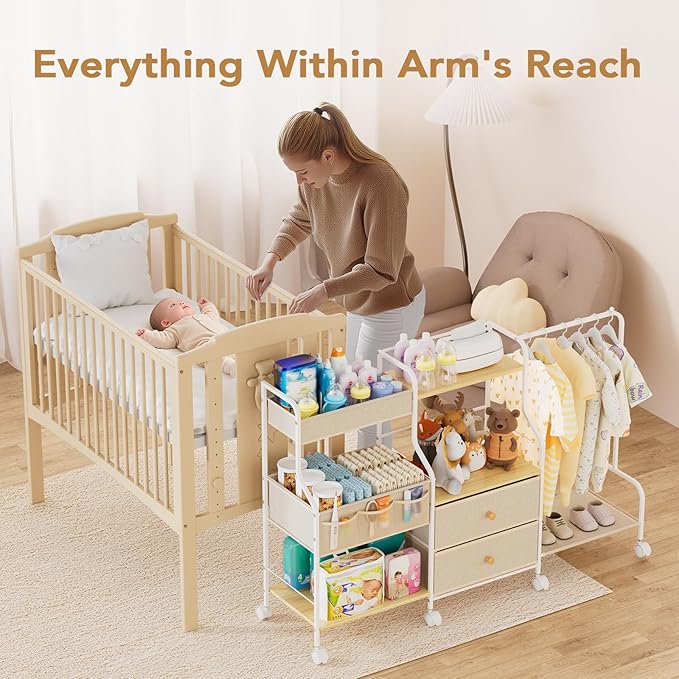 BBLIKE Diaper Caddy Organizer with Hanging Rack - 3 Tier Rolling Utility Cart with Drawers and Dividers for Baby Bottle Storage - Bedside Cart for Changing Station, Crib, Nursery, Bedroom, Beige