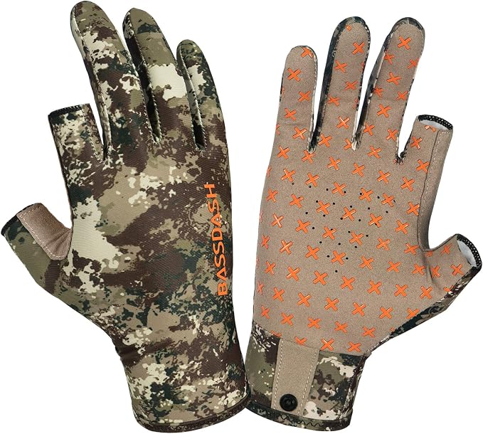 BASSDASH Unisex Fingerless Camo Hunting Gloves for Men's Women's Early Season Warm Weather UPF 50+ Lightweight Fishing Photography HG03