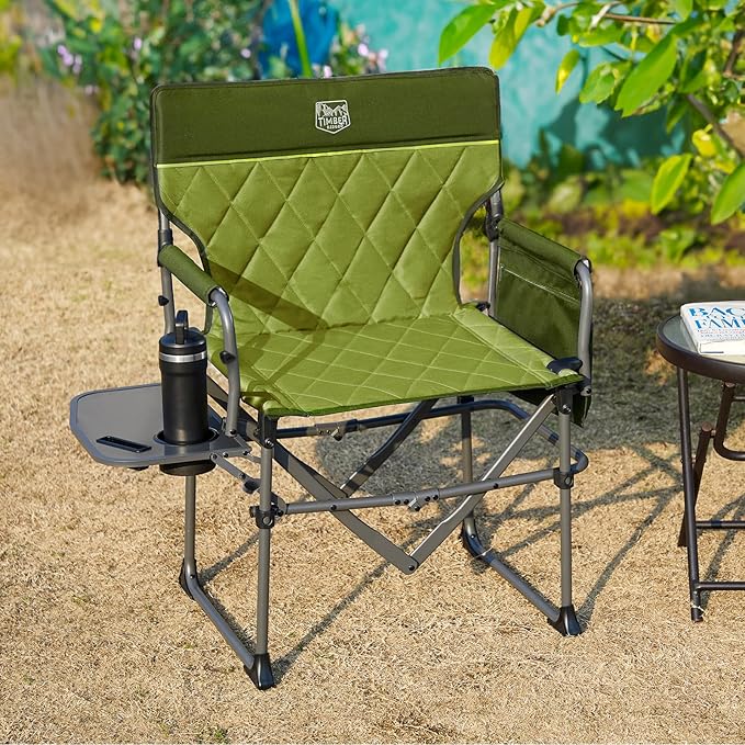 TIMBER RIDGE Aluminum Camping Directors Chair with Side Table Pocket, Portable Folding Chair, Heavy Duty Lawn Chair for Fishing Trip Picnic Concert Outdoor 400lbs, Green 2 Pack