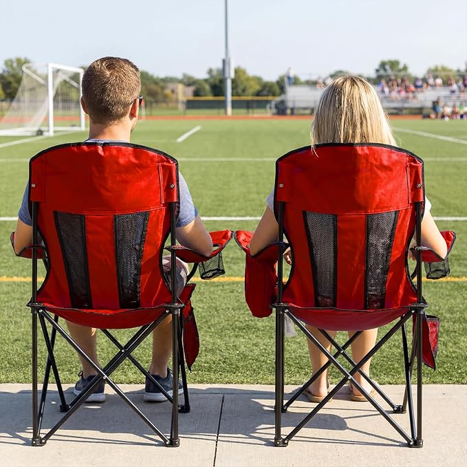 Romswi Portable Camping Chairs Support 400 LBS, Heavy Duty Folding Outdoor Chairs, Folding Chair with 4-Can Cooler Bag for Camping, Fishing, Garden, 2-Pack, Red
