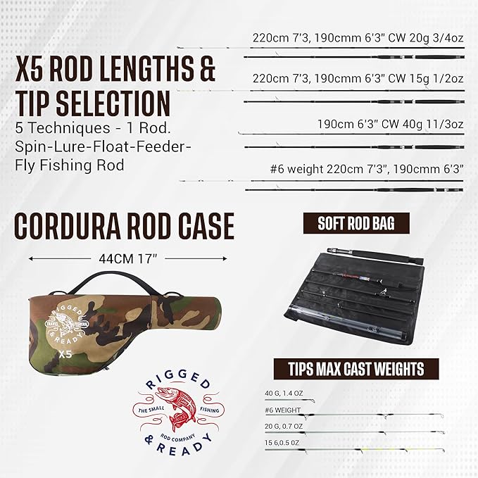Rigged & Ready X Series™ Travel Fishing Rods. 6 Super Compact Combos and Rods, Multi-Functional, Spinning Poles. 5 to 25 Techniques from one Rod. Spin, Bass, Carp, Fly. Fresh & Saltwater Angling.