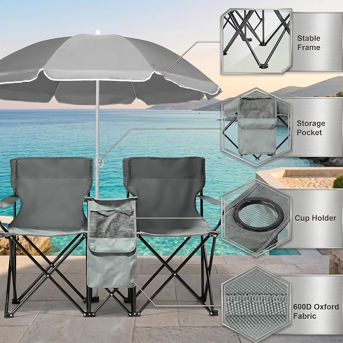 Double Camping Chair with Removable Umbrella, 2-Person Portable Folding Chair with Built-in Cooler Bag, Cup Holders & Storage Pockets, Heavy Duty Loveseat for Beach, Picnic, Fishing, Grey