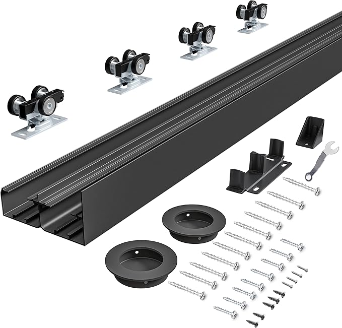 6FT Bypass Door Hardware, Closet Door Track, Top-Mounted Style, Made of Heavy Duty Aluminum, Smoothly and Quietly, for 2 Doors System - Fit Min Door Panel Width of 36.5in, Black